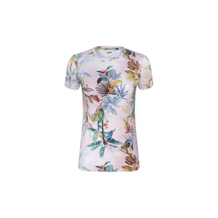 Introducing the Ressi Fitted Tee: a short-sleeve t-shirt featuring a vibrant tropical floral pattern with palm leaf prints and colorful flowers, displayed on a plain white background. This bestselling tee delivers a stylish vibe with its slim, fitted cut.