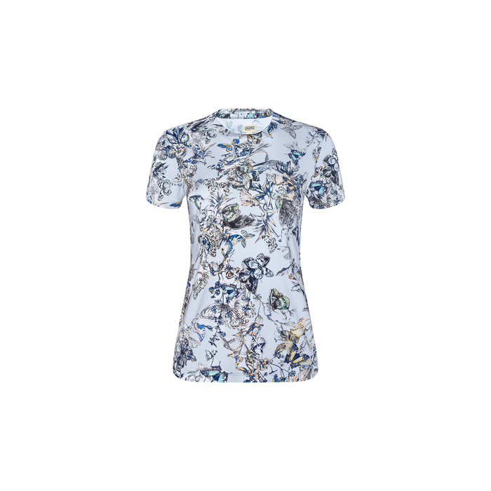 The Ressi Fitted Tee is a light blue short-sleeve shirt, showcasing an intricate floral and leaf print in shades of blue, white, and beige. Crafted from stretch jersey knit for a comfortable fit and stylish look, this bestseller is displayed on a plain white background.
