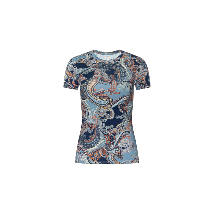 Introducing the Ressi Fitted Tee—a slim fit short sleeve crafted from soft fabric, showcasing an intricate midnight blue paisley pattern in navy, beige, and peach hues, beautifully displayed against a plain white background.