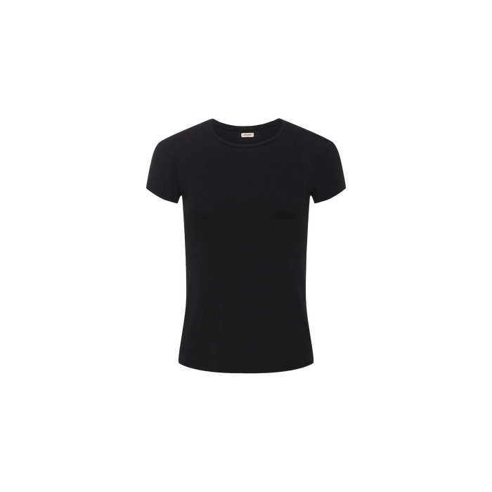 The Ressi Micro-Rib Tee, a slim-fit crew-neck shirt with short sleeves in plain black, is displayed on a white background.