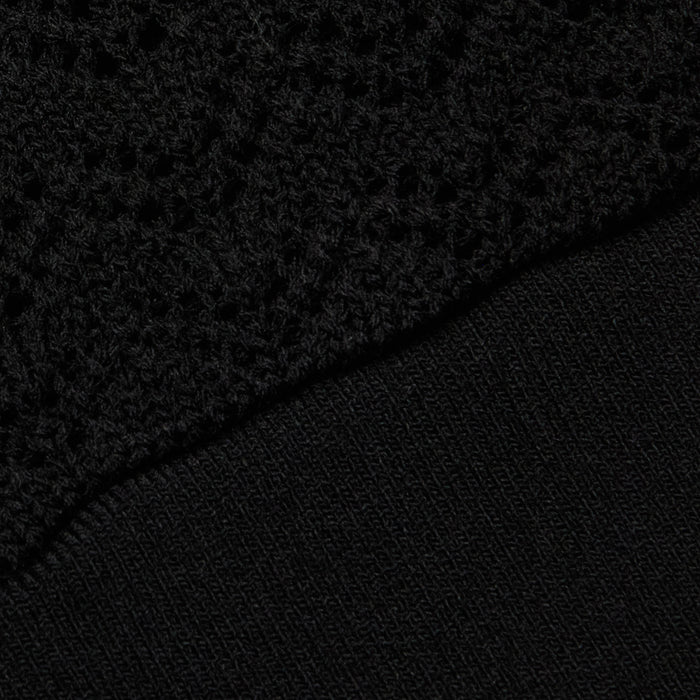 Close-up of two black fabrics: the upper half showcases the Reverie Pointelle Knit Bralette with its textured, openwork pointelle knit, while the lower half displays a smooth, tightly knit material.