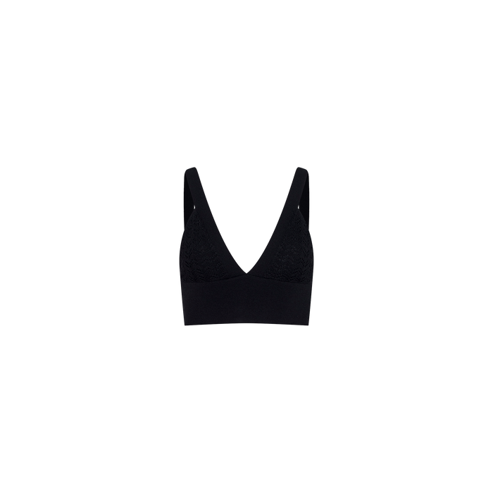 The Reverie Pointelle Knit Bralette, featuring wide shoulder straps, a deep V-neckline, and a smooth, seamless design in black, is displayed on a plain white background.