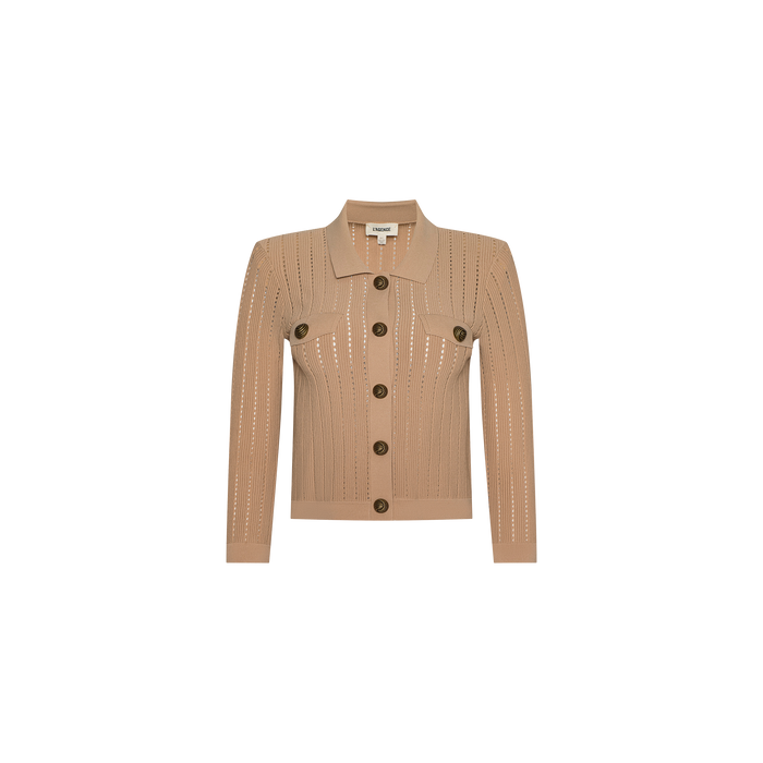 The Risa Collared Cardigan features a tan knit design with long sleeves, large brown buttons, a collar, and a subtle vertical pointelle pattern, displayed on a plain white background.