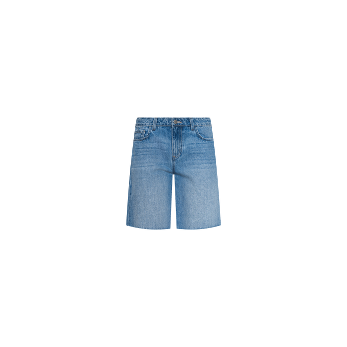 The River Jean Bermuda Short is showcased against a plain white background. These light blue denim shorts offer a mid-rise fit with a classic five-pocket design and button-and-zip closure, crafted entirely from cotton for enduring comfort.