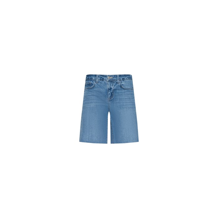 The River Jean Bermuda Short features light blue, mid rise stretch denim with a front button and zipper closure, five pockets, and a straight leg cut, showcased against a plain white background.