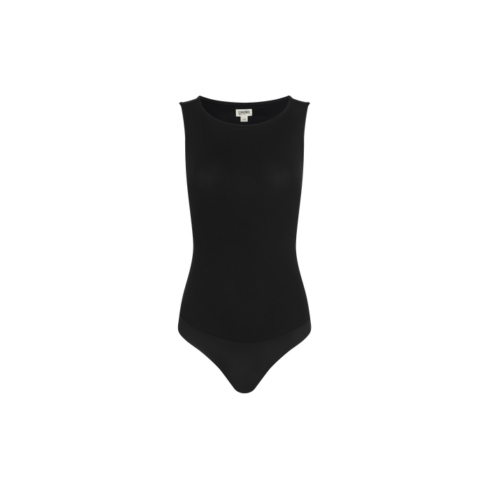 A sleeveless black Riza Boatneck Bodysuit by L’AGENCE, featuring a round neckline and shown on a plain white background. Crafted from stretch jersey for a smooth, fitted silhouette, the bodysuit is finished with a convenient snap closure at the bottom.
