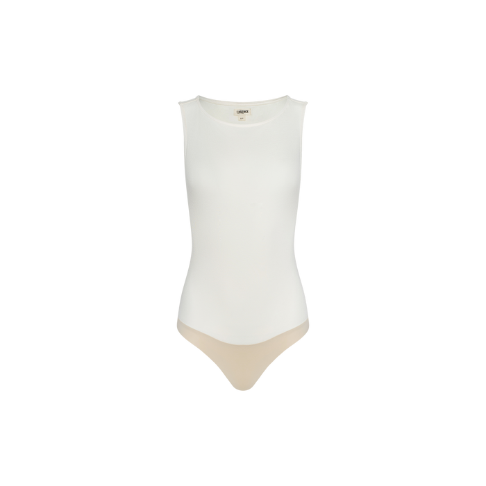 The Riza Boatneck Bodysuit is a sleeveless, vintage white one-piece crafted from stretch jersey with a boat neckline, shown on a plain white background.