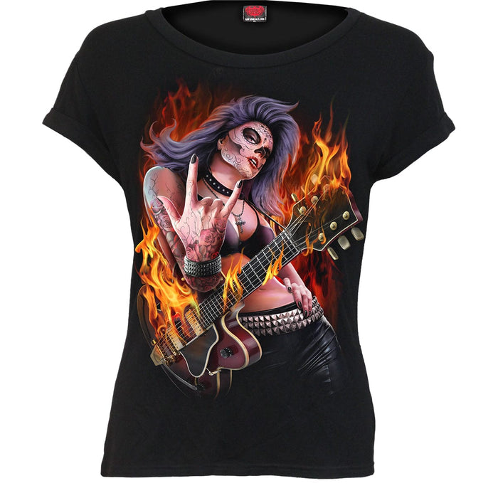 ROCKING THE DEAD - Boatneck Cap Sleeve Top Black Spiral USA