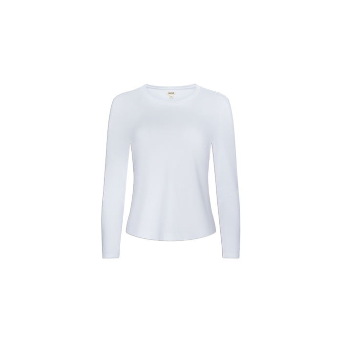 The Rojene Cotton Tee is a plain white long sleeve shirt made from soft Supima cotton, shown on a white background. It features a relaxed fit with no visible patterns or logos, delivering a simple and timeless look.