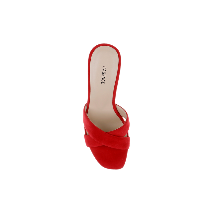 A single red suede open-toe Rosaline Wedge Espadrille with crisscross straps and a flat wedge heel, viewed from above. The beige insole features the brand name LAGENCE printed in black.