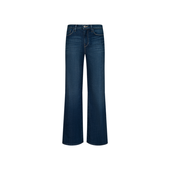 The Rosalyn Wide-Leg Jean features dark blue stretch denim with a high-rise waist and a subtle flare at the legs. Designed with both front and back pockets, a button closure, and gentle fading on the thighs, these jeans are displayed against a plain white background.