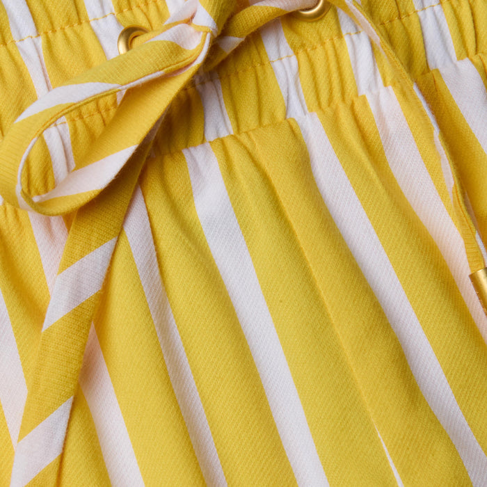 Close-up of the Royce Poplin Short, featuring yellow and white vertical stripes, a drawstring, and an elastic waistband.