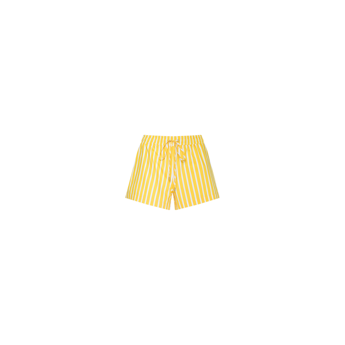 Royce Poplin Short in yellow and white vertical stripes, featuring a pull-on style with a drawstring waistband, shown on a plain white background.