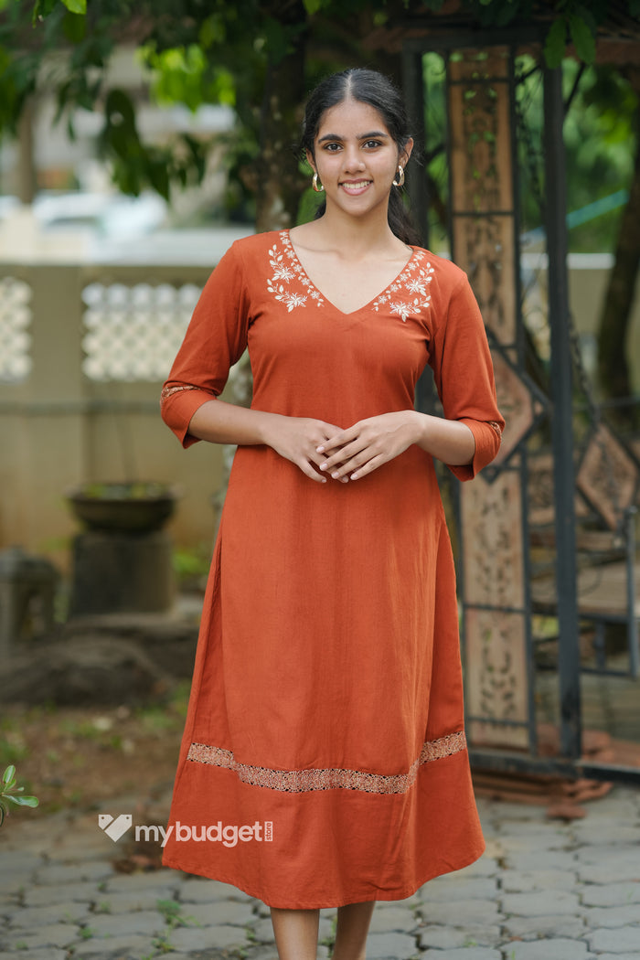 Rust orange cotton flex kurti with embroidery detailings on neck MBS-842