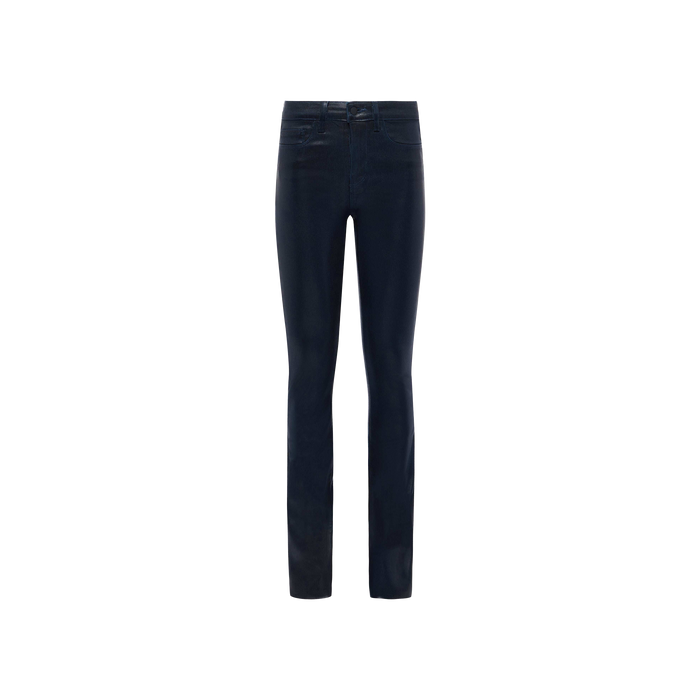 Ruth Coated Straight-Leg Jean in dark blue, featuring a high-rise fit, five pockets, and a button closure, displayed against a plain white background.