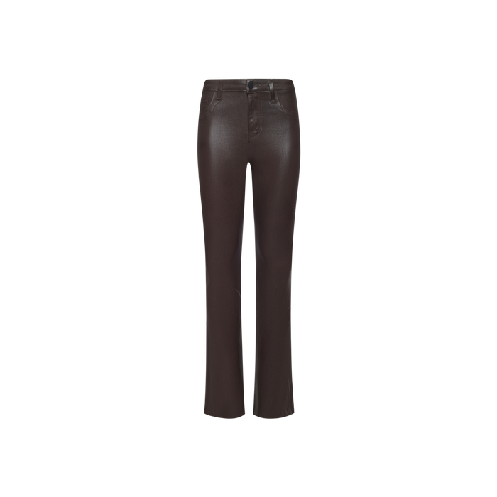 Ruth Coated Straight-Leg Jean featuring a brown coated finish, front button and zipper closure, slim straight-leg silhouette, raw hem, and belt loops, displayed on a plain white background.