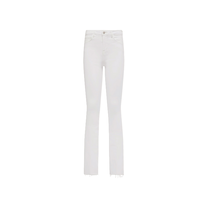 The Ruth Straight-Leg Jean features a high-rise waist, slim straight-leg cut, and frayed hems, crafted from stretch denim in white and displayed against a plain white background.