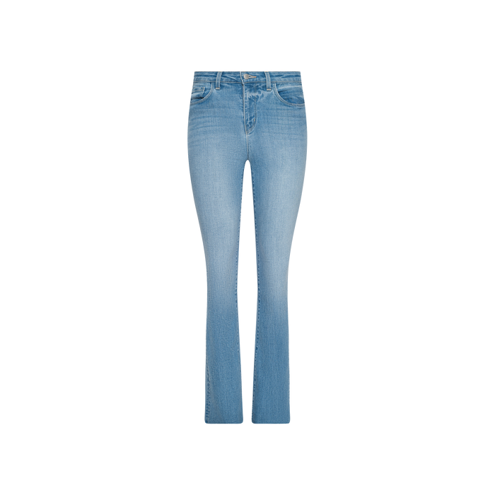 Ruth Straight-Leg Jean in light blue vintage wash denim, shown against a plain white background. These high-waisted jeans offer a classic five-pocket design and feature a slim, gently flared straight leg with a raw hem.