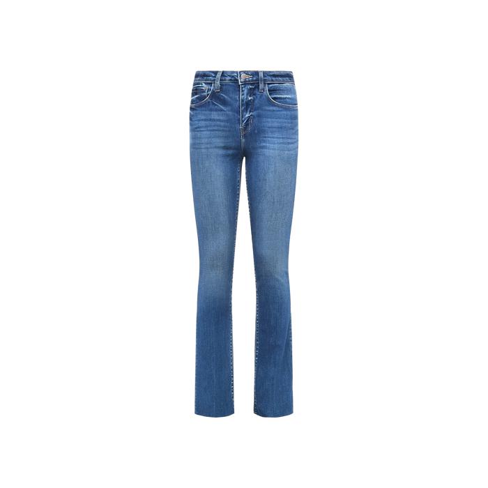 A pair of Ruth Straight-Leg Jeans in blue, featuring a high-rise waist and slight flare at the bottom, crafted from premium stretch denim and shown front-facing against a plain white background.