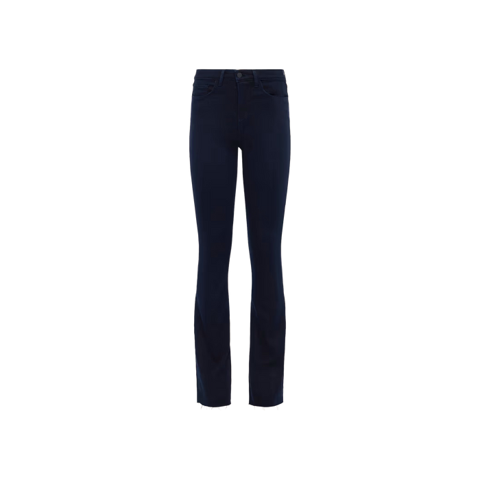 Ruth Straight-Leg Jean in ultra dark indigo wash features a mid-rise waist, front pockets, and belt loops, crafted from super stretch denim and shown against a plain white background.