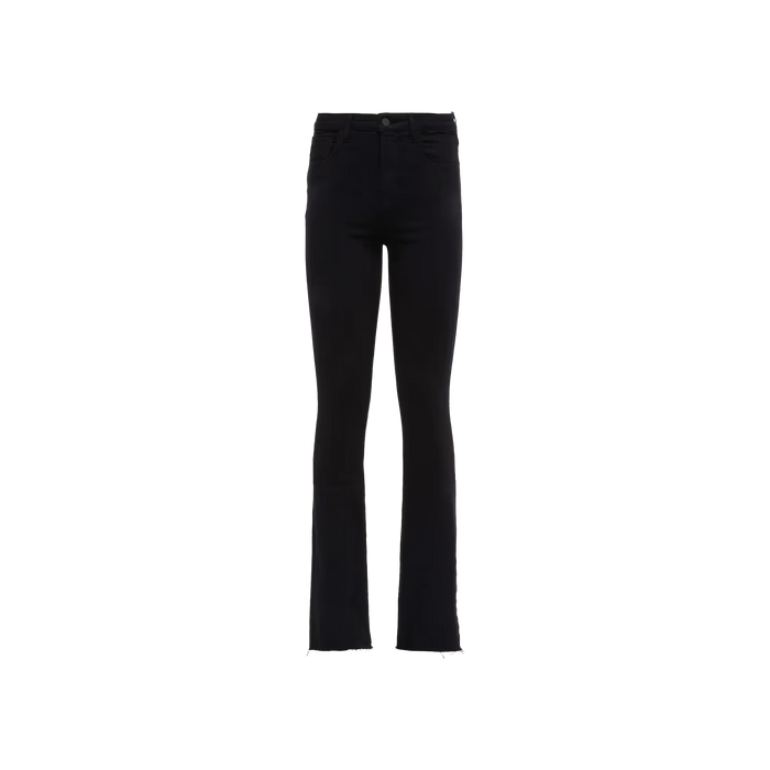 A pair of Ruth Straight-Leg Jeans in black stretch denim, featuring a high-rise waist, straight legs, and frayed hems, displayed on a plain white background.
