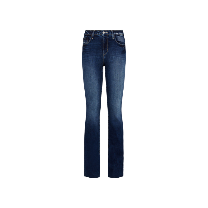 The Ruth Straight-Leg Jean, crafted from premium stretch denim in a dark blue wash, features front and back pockets, a button and zipper closure, and is displayed on a plain white background.
