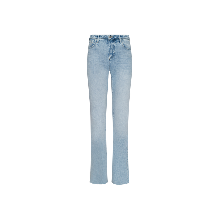 The Ruth Straight-Leg Jean features light blue stretch denim with a high waist, classic five-pocket design, and a subtle flare at the hem. Finished with a raw edge and showcased against a plain white background.