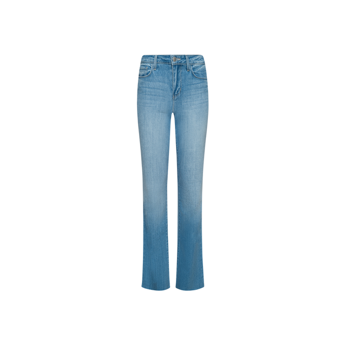 Ruth Straight-Leg Jean in light indigo features a high-waisted fit, classic five-pocket design, light blue wash with subtle front fading, and is displayed on a plain white background.