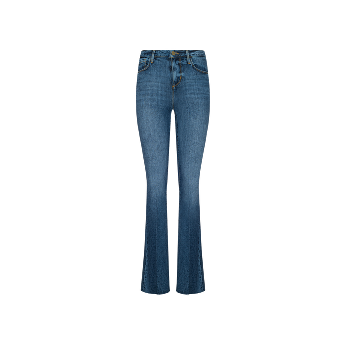 The Ruth Straight-Leg Jean, crafted from stretch denim in a medium indigo wash, features a high waist, belt loops, front button and zipper closure, and a fitted straight-leg silhouette with a slight flare at the bottom. This style is displayed against a plain white background.