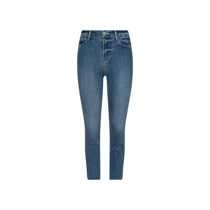 The Sada Cropped Slim-Leg Jean is shown from the front, featuring a button and zipper closure, classic five-pocket design, and a slightly faded wash. The jeans are displayed against a plain white background.