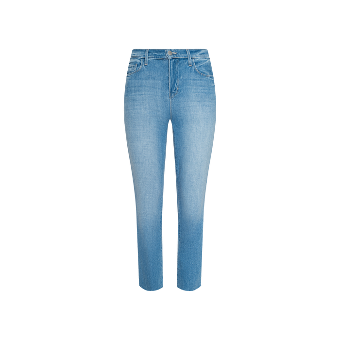 The Sada Cropped Slim-Leg Jean features a light blue wash, high-waisted silhouette, cropped length, slim fit, classic five-pocket design, belt loops, and a button and zipper closure, displayed on a plain white background.