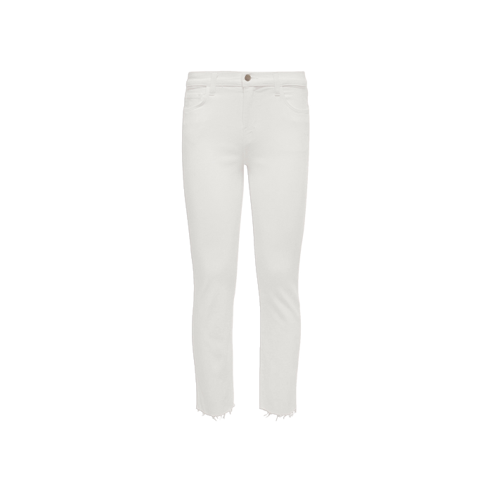 Sada Slim-Leg Cropped Jean featuring white stretch denim fabric, a slim fit, high-rise waist, five-pocket style, button closure, and raw-edge hems, displayed on a plain white background.