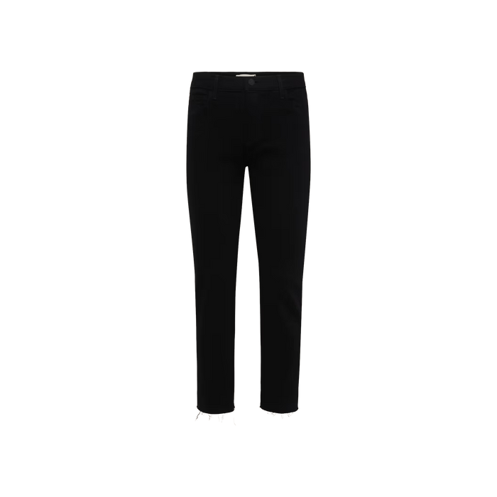 Sada Slim-Leg Cropped Jean in black, showcased against a plain white background. Made from stretch denim, these high-rise jeans feature a slim-leg silhouette with a raw hem, classic five-pocket styling, and a button closure.