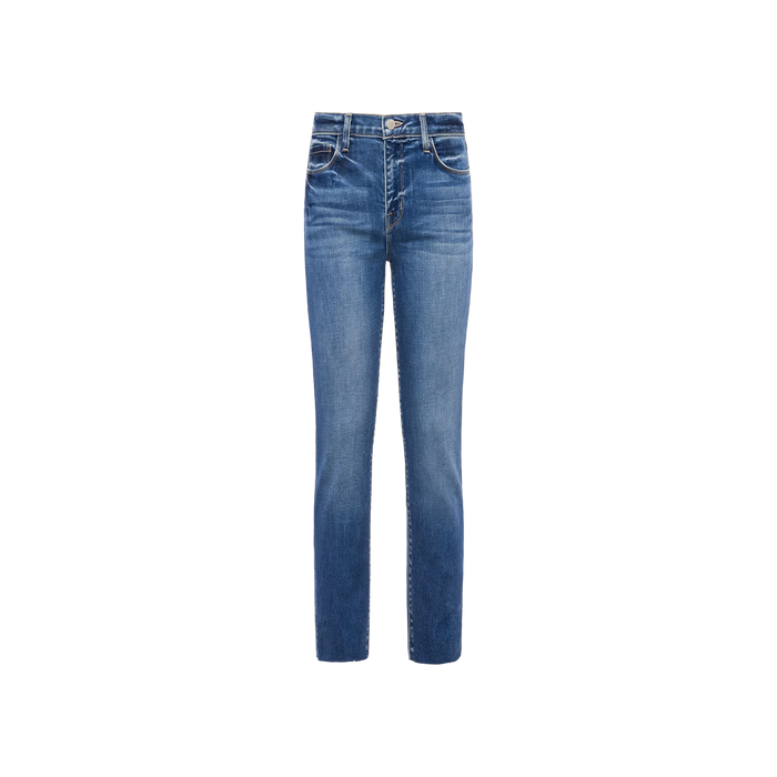 The Sada Slim-Leg Cropped Jean features a classic five-pocket design, button and zip closure, and a slim straight leg cut crafted from premium stretch denim in blue, shown against a plain white background.