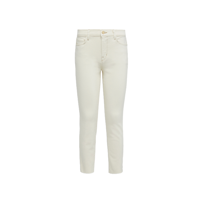 Sada Slim-Leg Cropped Jean: High-rise, off-white jeans featuring a slim straight leg, cropped length, front and back pockets, belt loops, and a button closure. Crafted from premium stretch denim and displayed against a plain white background.