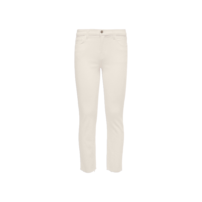 Introducing the Sada Slim-Leg Cropped Jean: Featuring a flattering high-rise fit, these white denim jeans are crafted from stretch denim and designed with a classic five-pocket style, button closure, and raw hems at the ankles.