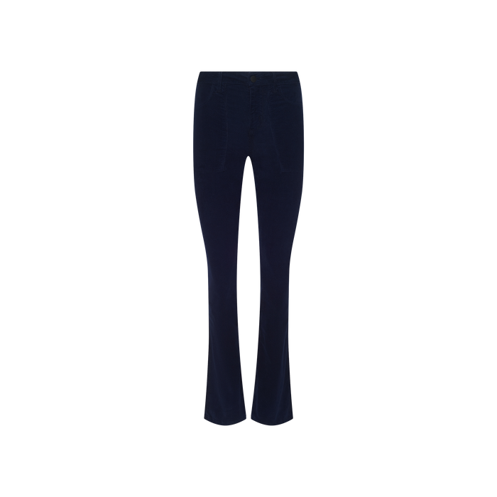 The Saffia Corduroy Pant, shown in dark blue on a white background, features a high rise, slim-straight jean fit with a slightly flared leg, front button closure, and two front patch pockets.
