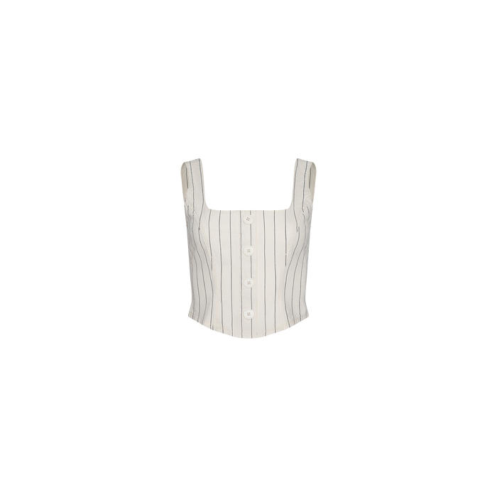 Cream-colored Saga Top, crafted from cotton twill with a sleeveless, square-neck design, vertical nautical stripes, and front button closure, shown against a plain white background.