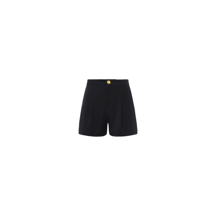 The Saige Short is a black, high-waisted stretch suiting style featuring pleated detailing, a front button closure, and side pockets, shown against a plain white background.