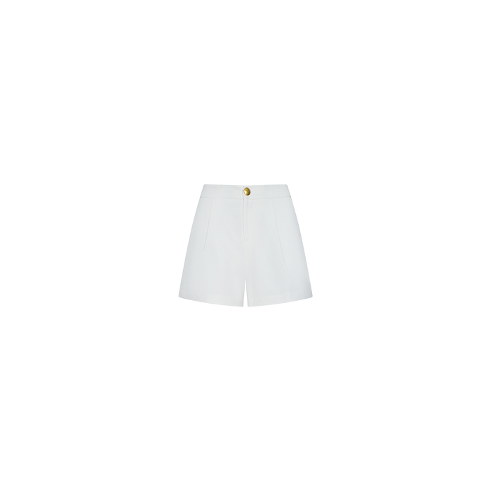 The Saige Short is a white, high-waisted stretch suiting short featuring front pockets and a gold button, shown against a plain white background.