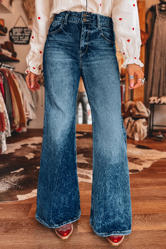 Sail Blue Acid Wash Pocket Detail Flare Jeans Shewin