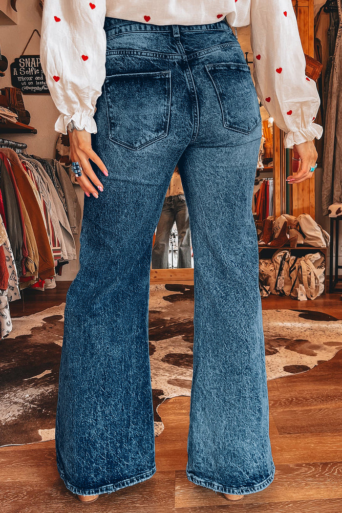 Sail Blue Acid Wash Pocket Detail Flare Jeans Shewin