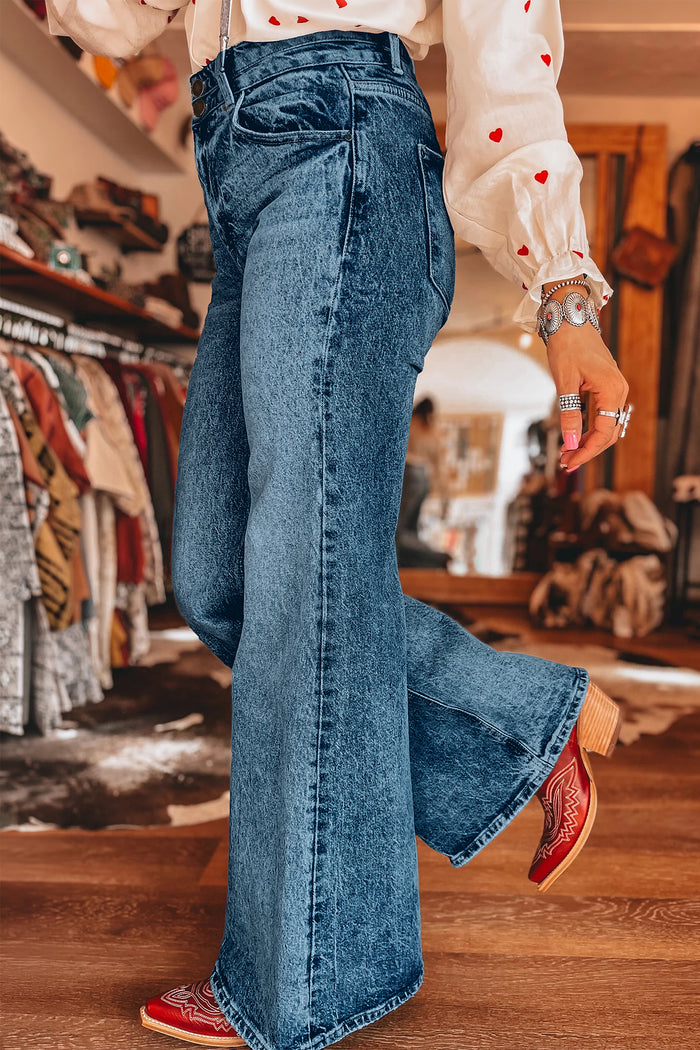 Sail Blue Acid Wash Pocket Detail Flare Jeans Shewin