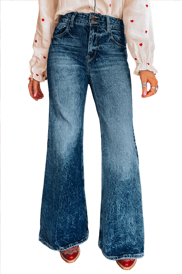 Sail Blue Acid Wash Pocket Detail Flare Jeans Shewin