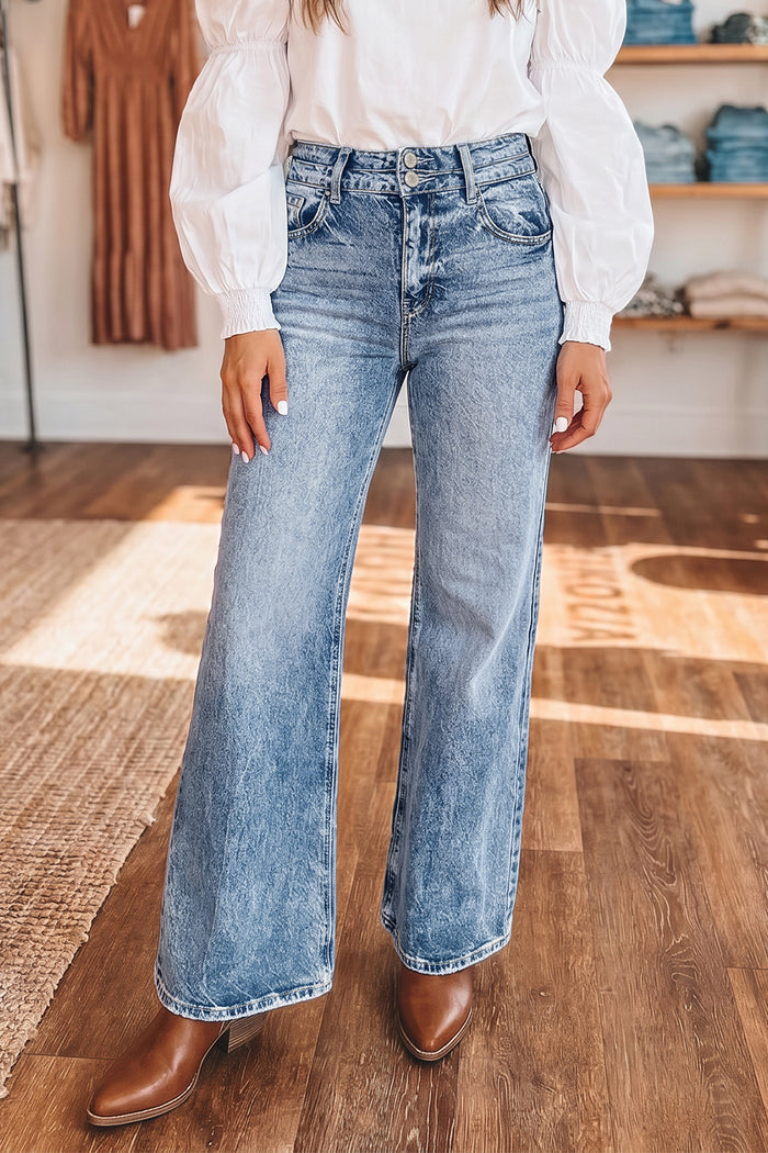 Sail Blue Acid Wash Pocket Detail Flare Jeans Shewin