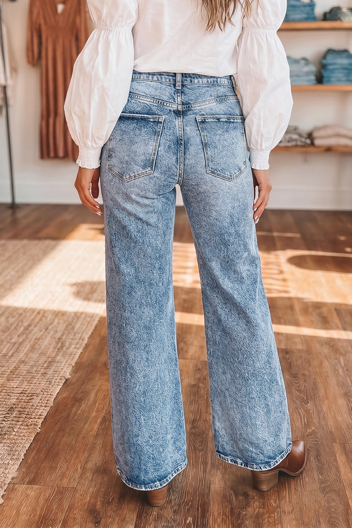 Sail Blue Acid Wash Pocket Detail Flare Jeans Shewin