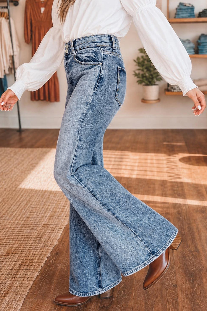 Sail Blue Acid Wash Pocket Detail Flare Jeans Shewin