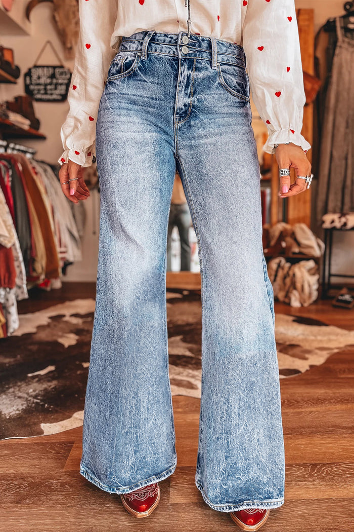 Sail Blue Acid Wash Pocket Detail Flare Jeans Shewin
