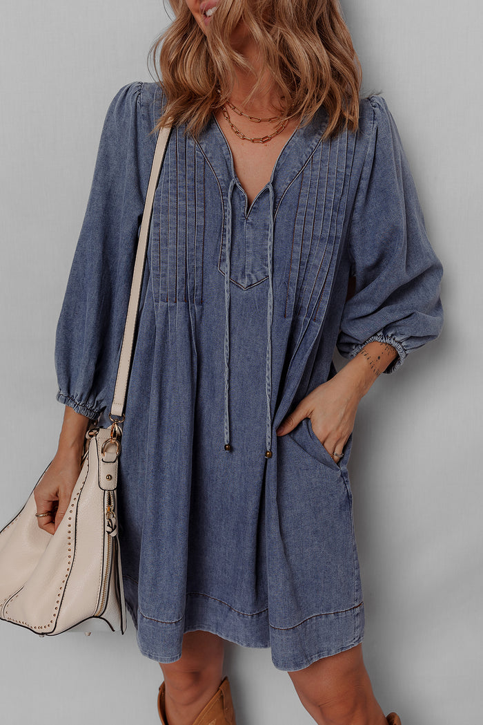 Sail Blue Pleated V Neck 3/4 Sleeve Denim Mini Dress Shewin
