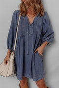 Sail Blue Pleated V Neck 3/4 Sleeve Denim Mini Dress Shewin